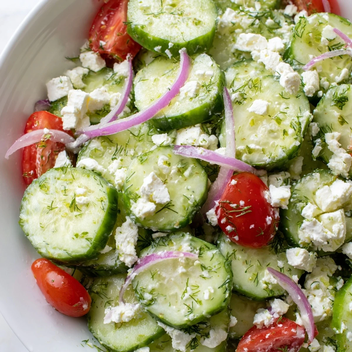 Creamy feta cheese scattered over juicy cucumbers, red onion, and fragrant dill mint parsley