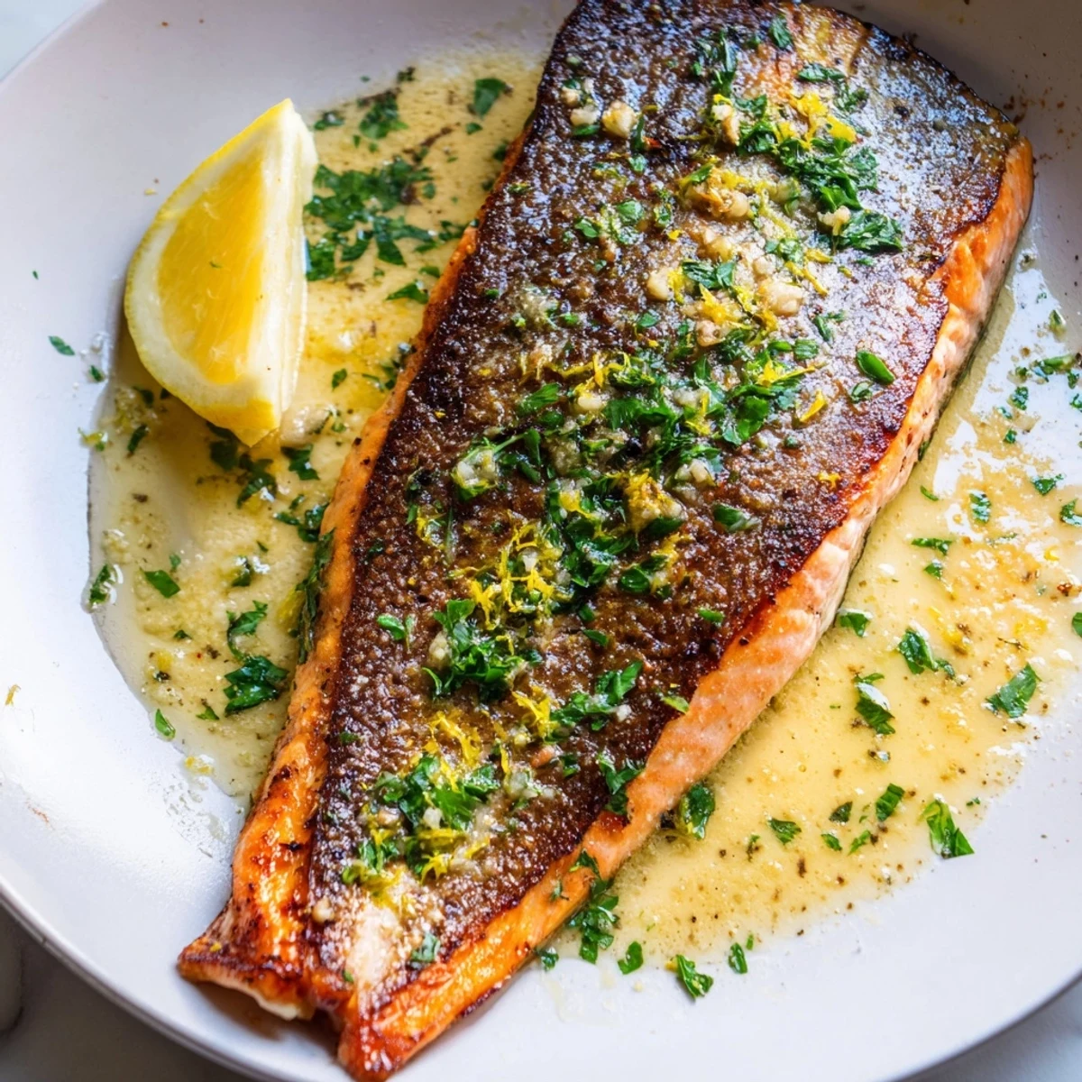 Golden garlic butter salmon fillets glistening in a rich, lemony pan sauce