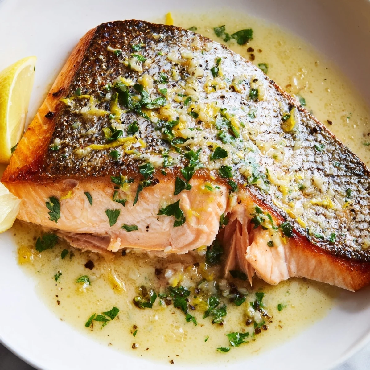 Crispy-skinned garlic butter salmon drizzled with melted herb sauce on a plate