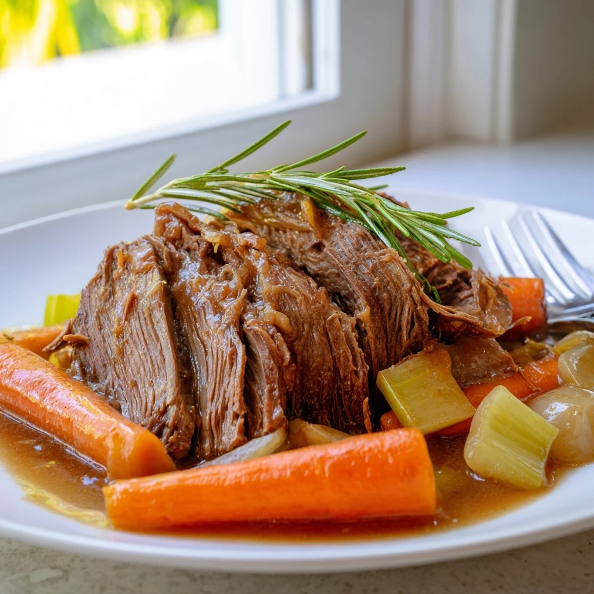 Perfect pot roast with tender beef, golden carrots, and rich pan juices on a rustic platter