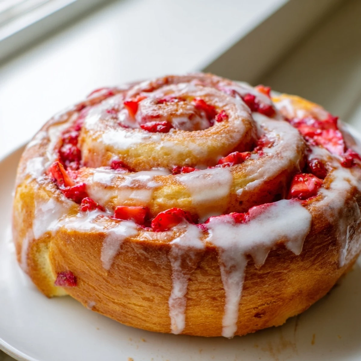 Golden strawberry cheesecake rolls drizzled with sweet vanilla glaze on a rustic plate