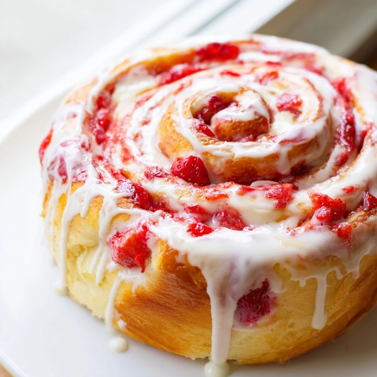 Warm strawberry cheesecake rolls pulled apart to reveal gooey cream cheese and juicy strawberries