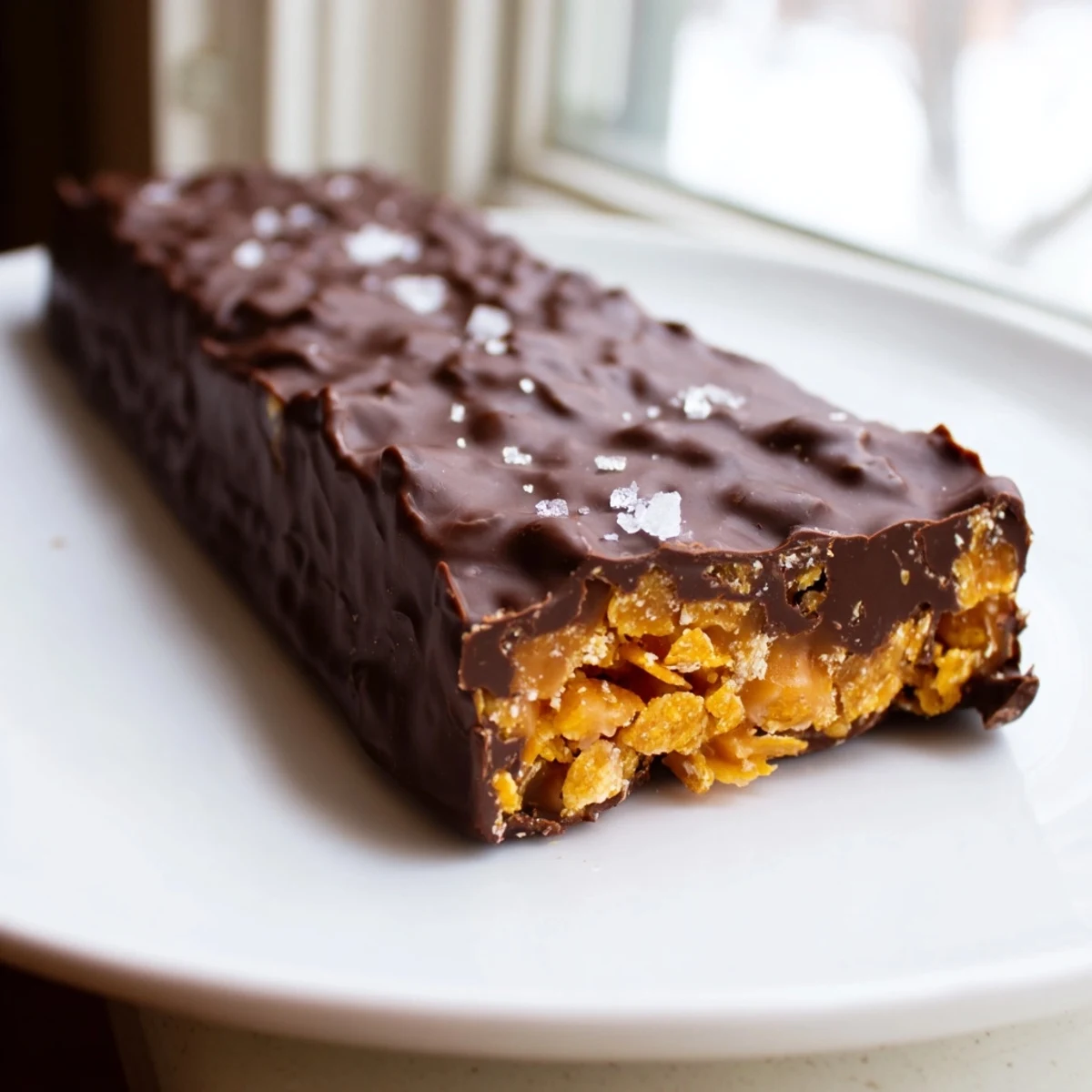 Golden corn flake peanut butter bars coated in rich dark chocolate on a parchment-lined tray