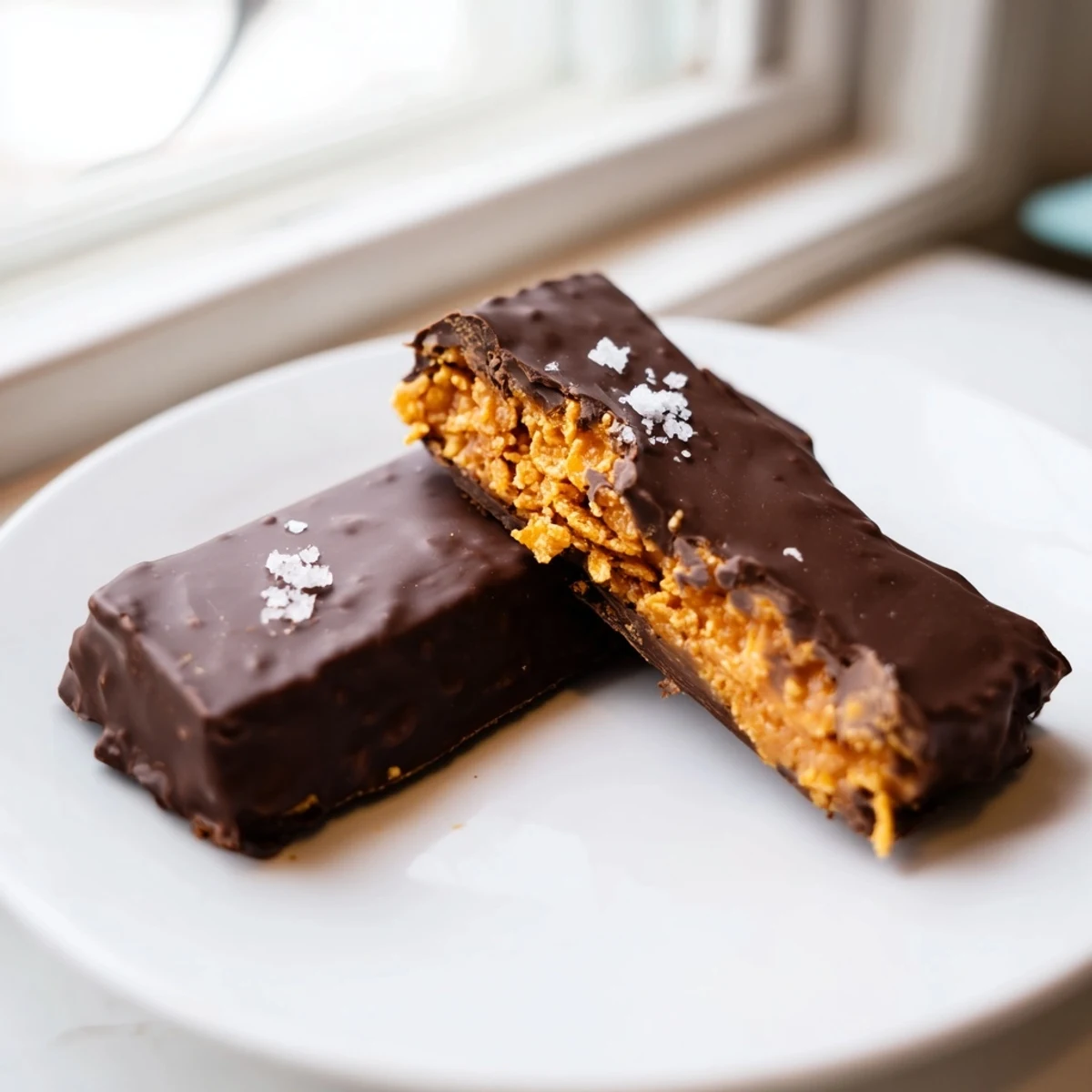 Chilled healthy homemade Butterfingers cut into neat squares showing a crisp peanut butter filling