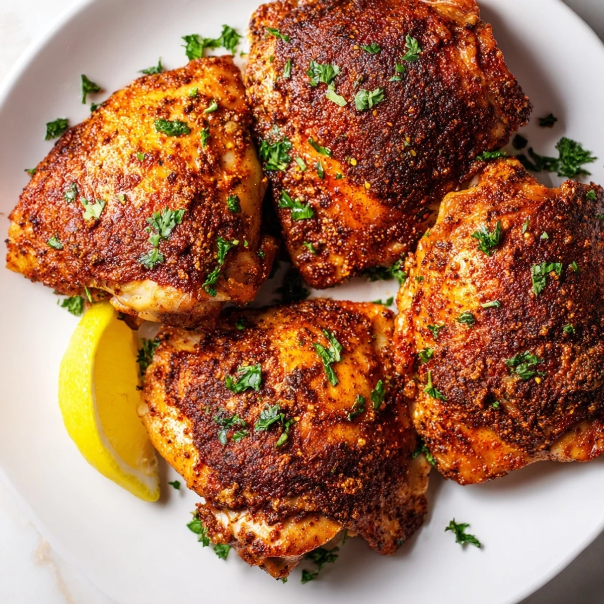 Crispy golden oven baked chicken thighs with herbs on a baking sheet