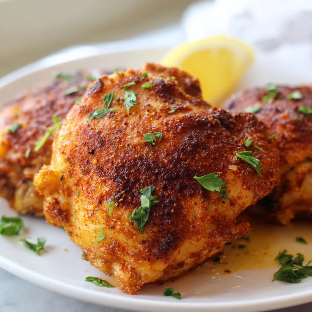 Juicy oven baked chicken thighs garnished with parsley and lemon wedges