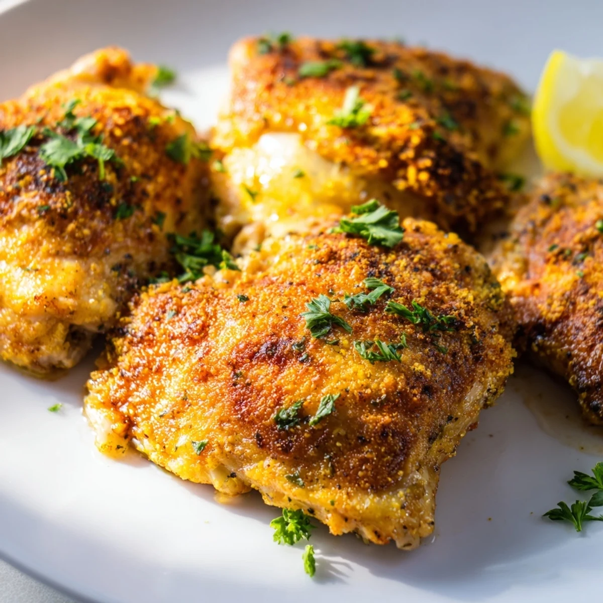 Perfectly roasted oven baked chicken thighs with crispy skin and seasoning