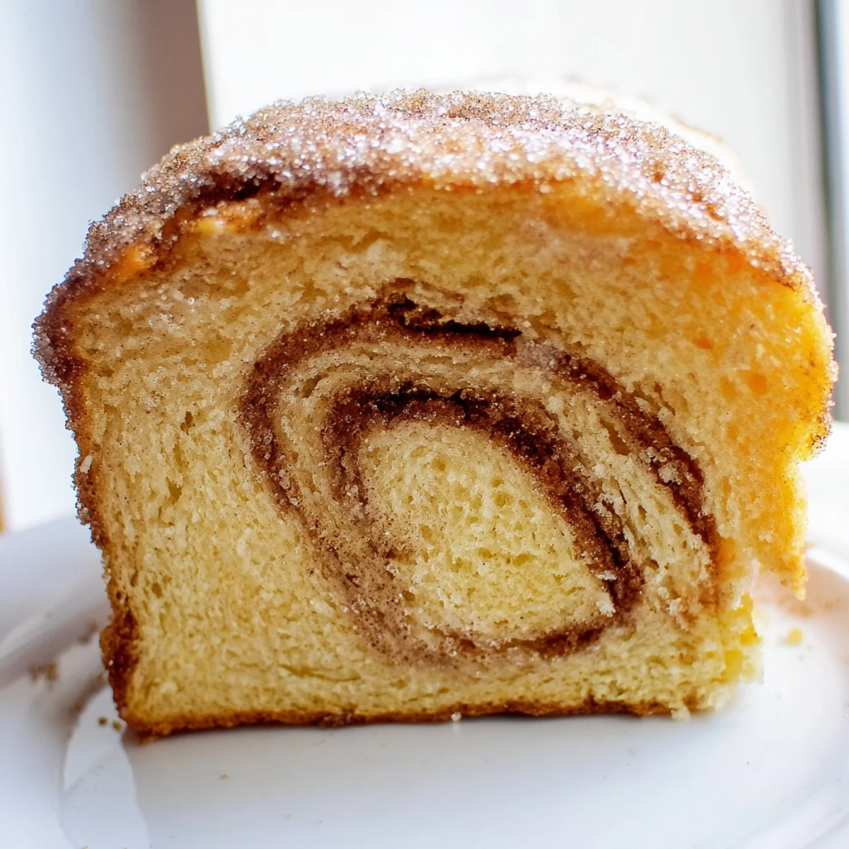 Warm cinnamon donut loaf sliced thick, topped with a golden cinnamon sugar crust on a rustic wooden board