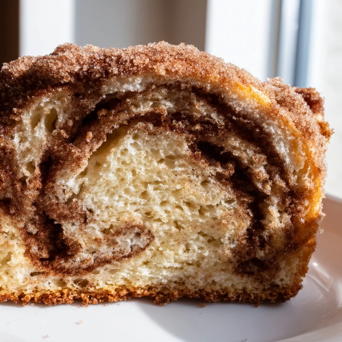 Moist cinnamon donut loaf reveals a sweet cinnamon swirl inside each tender bakery-style slice served on a plate