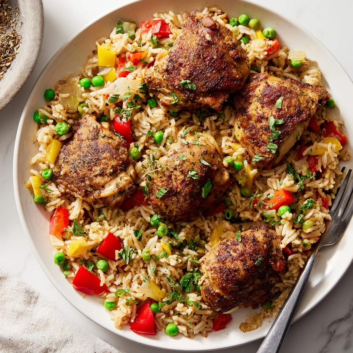 Spicy jerk chicken rice served in a skillet with fresh cilantro garnish