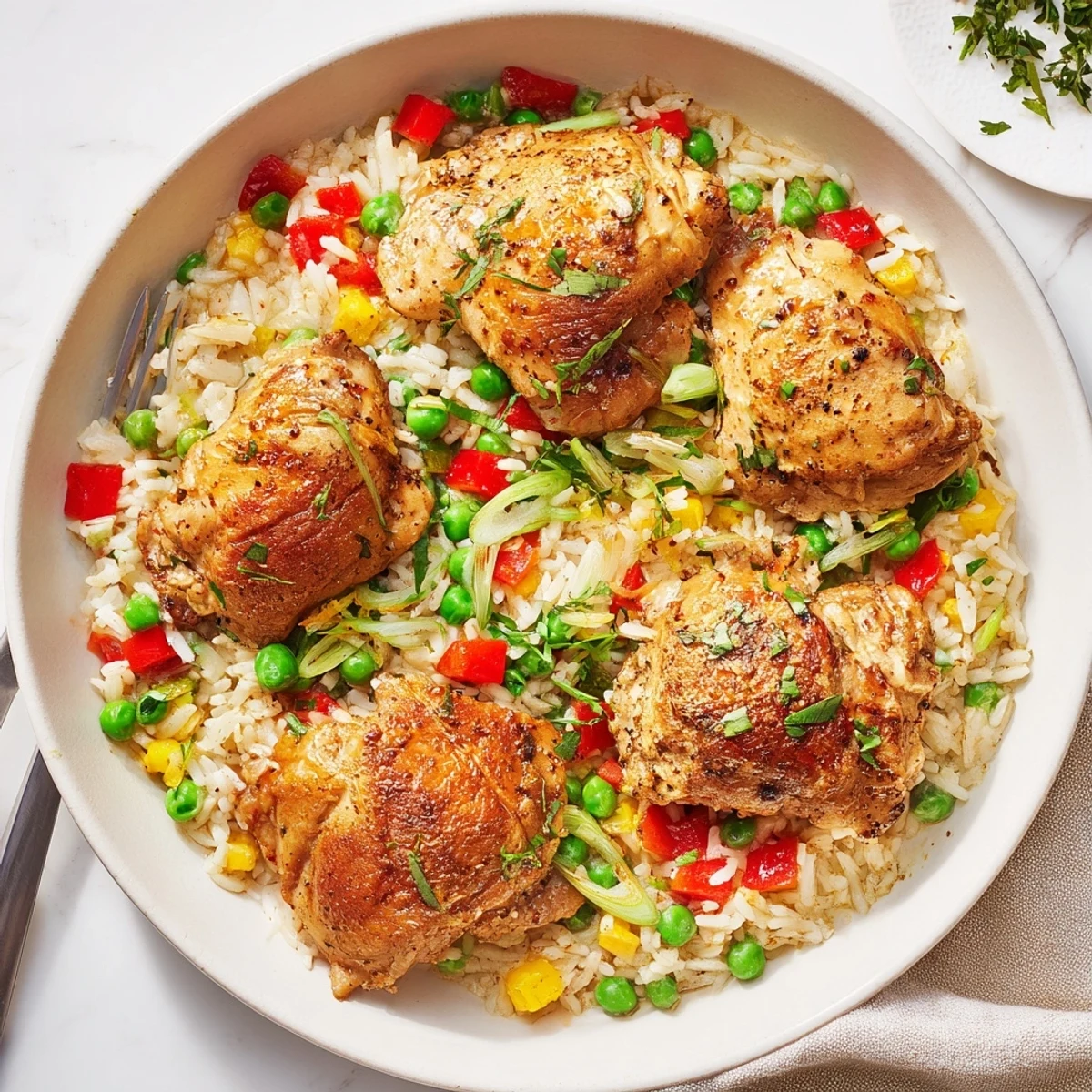 Steaming bowl of spicy jerk chicken rice topped with spring onions