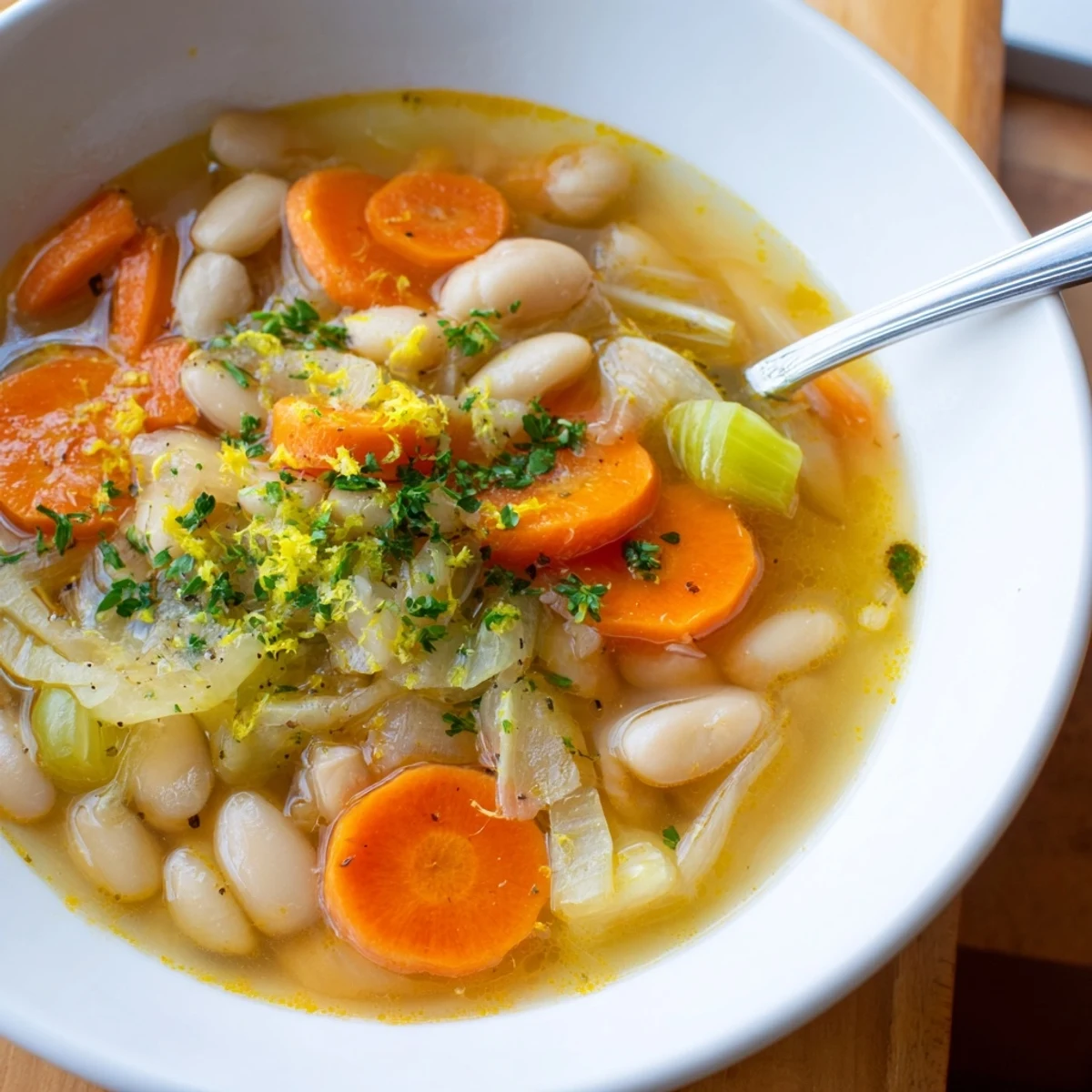 A steaming bowl of brothy carrot butter bean soup topped with fresh parsley and lemon zest