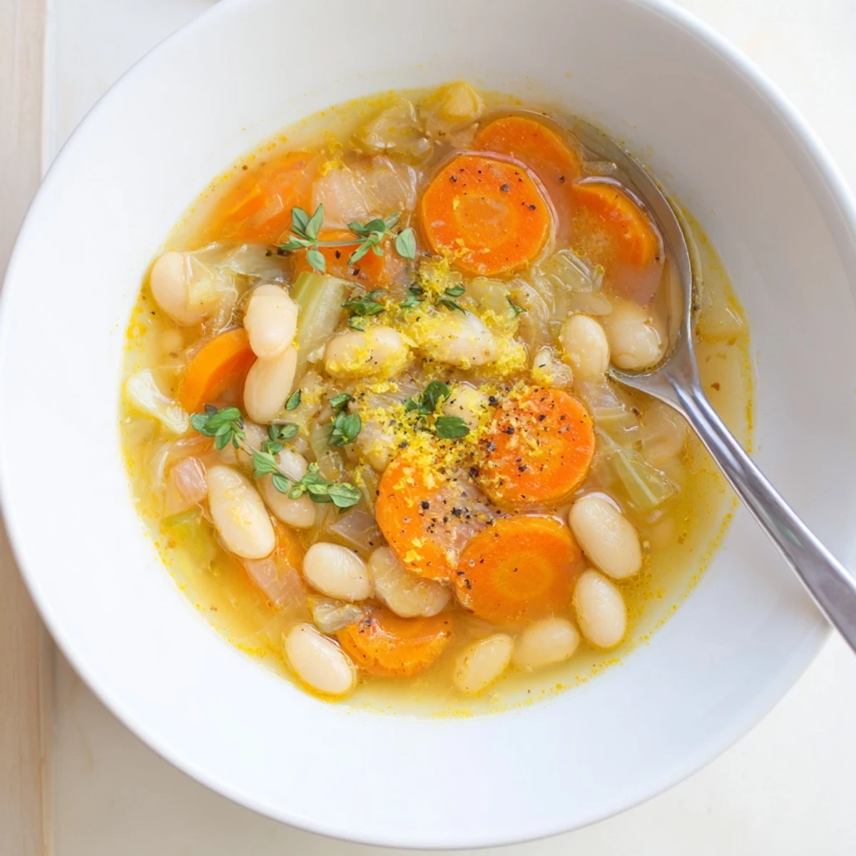 Creamy butter beans and tender carrots in a rich brothy carrot butter bean soup served with crusty bread