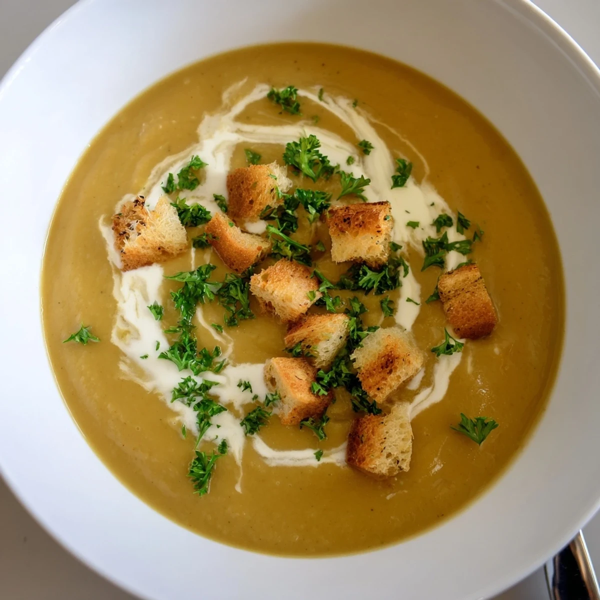 A steaming bowl of creamy vegetable soup topped with golden croutons and fresh parsley