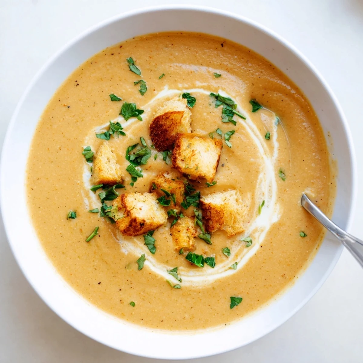 Thick and smooth creamy vegetable soup ladled into a rustic bowl beside crusty bread
