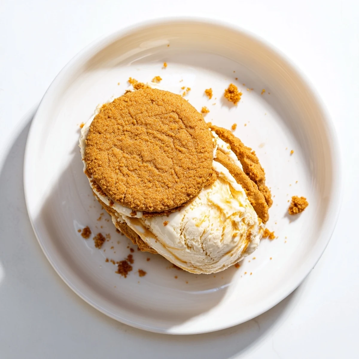 Creamy Biscoff ice cream sandwiches with spiced cookie edges on a rustic wooden board