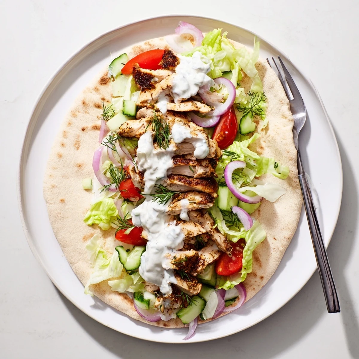 Warm flavor packed chicken pitas with crisp veggies and creamy yogurt sauce