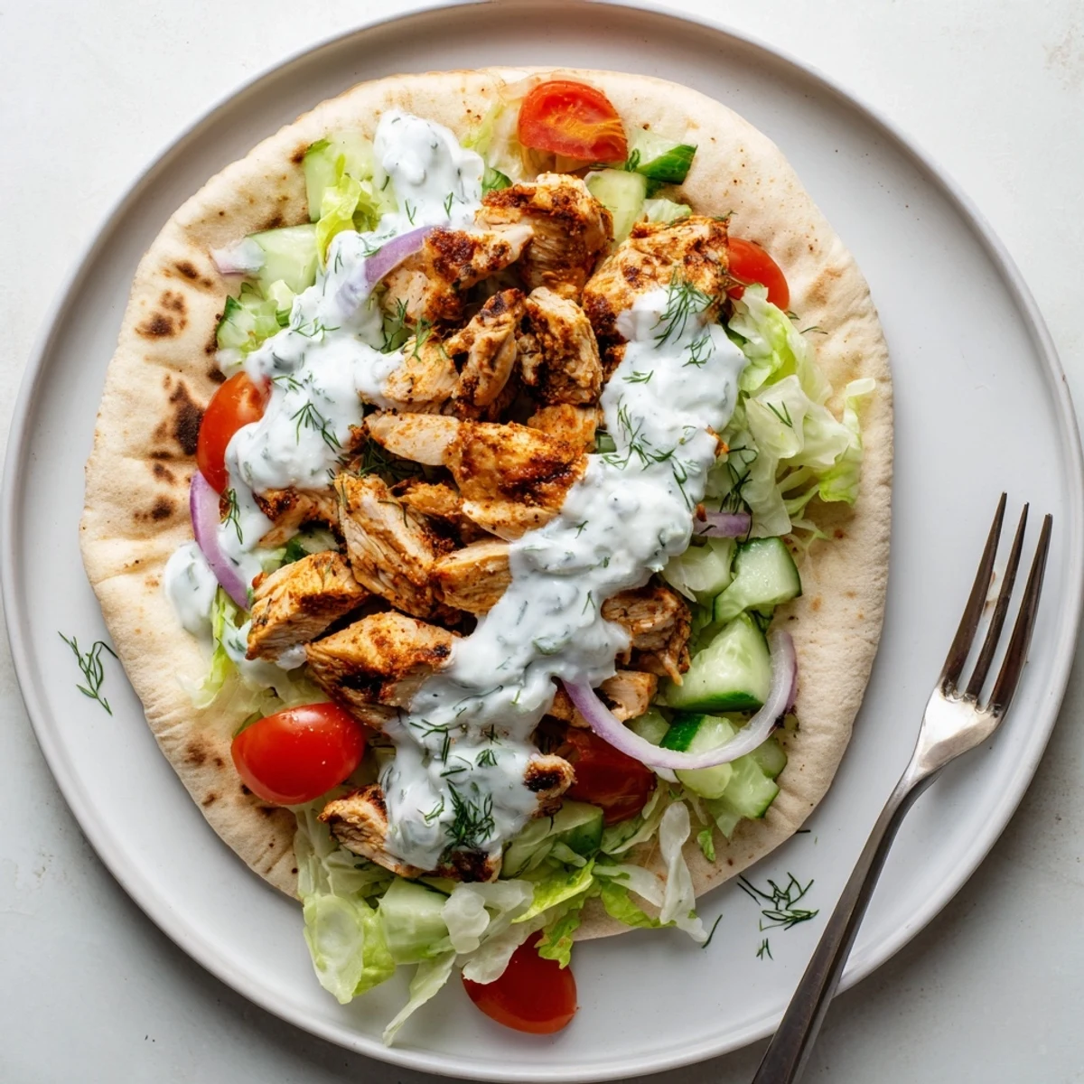 Flavor packed chicken pitas drizzled with tangy dill sauce and bright salad greens