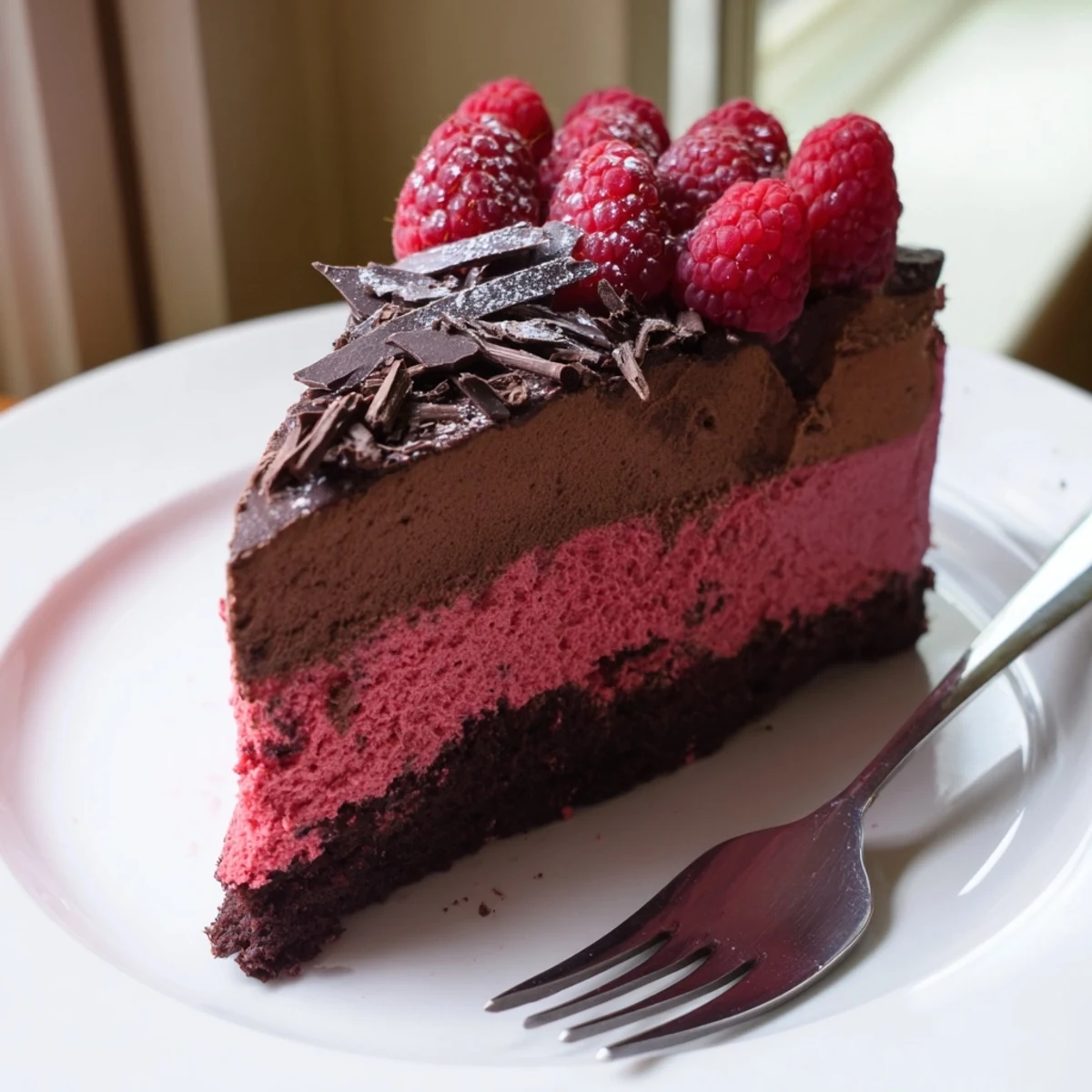 Tall raspberry chocolate mousse cake slice with glossy raspberry topping on a dark crust
