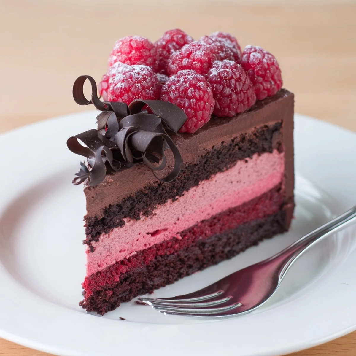 Silky chocolate mousse layer over vibrant raspberry filling in this stunning layered cake