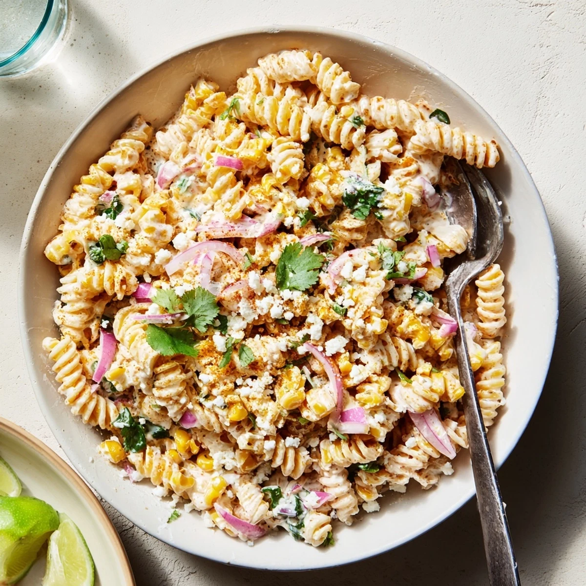 Vibrant elote pasta salad with charred corn, zesty lime, and smoky spices
