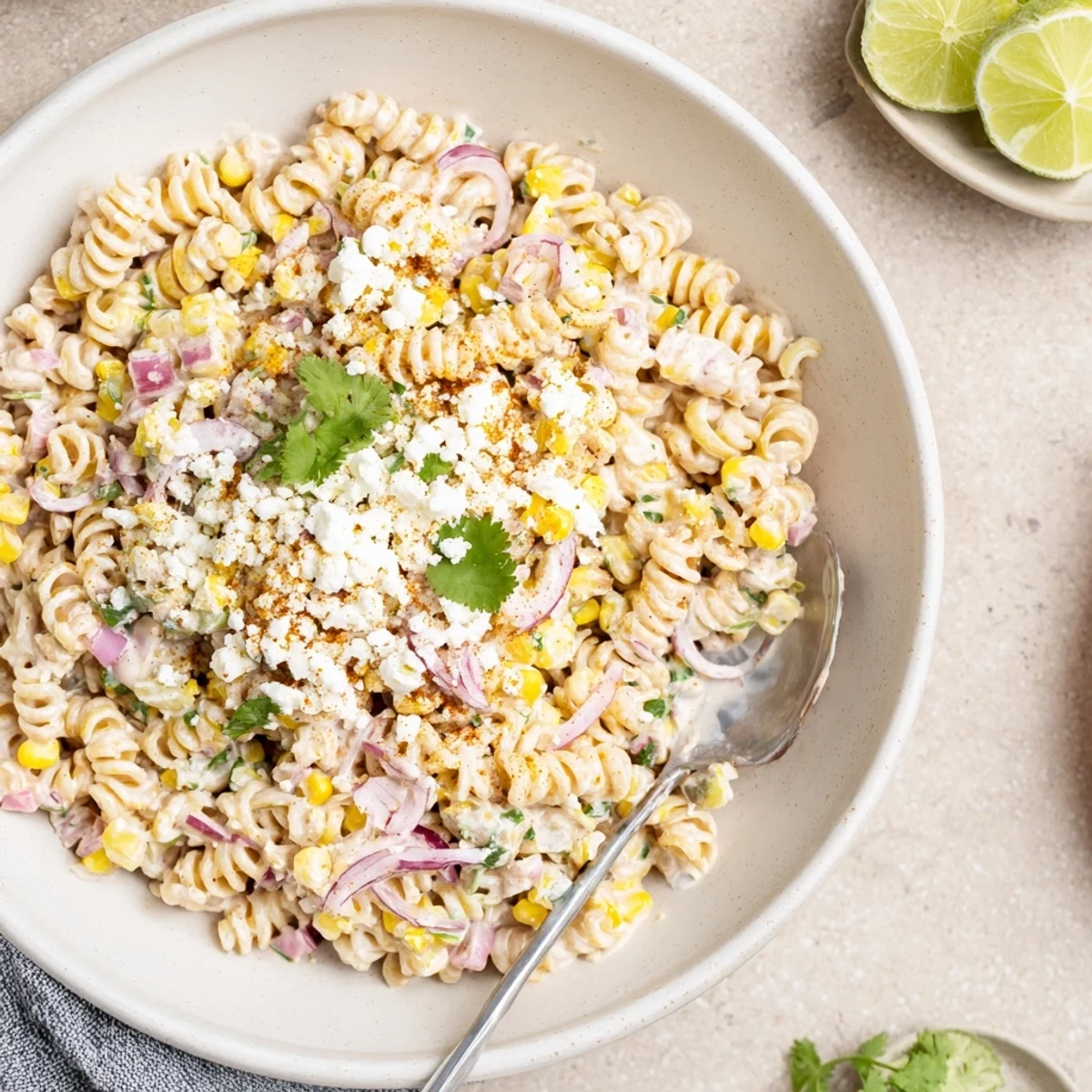 Creamy elote pasta salad topped with crumbled cotija cheese and fresh cilantro