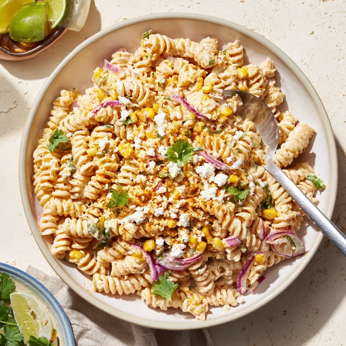 Chilled elote pasta salad served in a bowl with lime wedges alongside