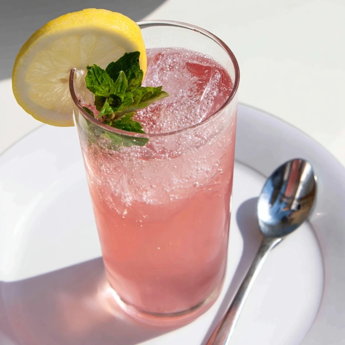 Honey Lemon Pink Soda served in tall glasses with fresh mint and lemon slices