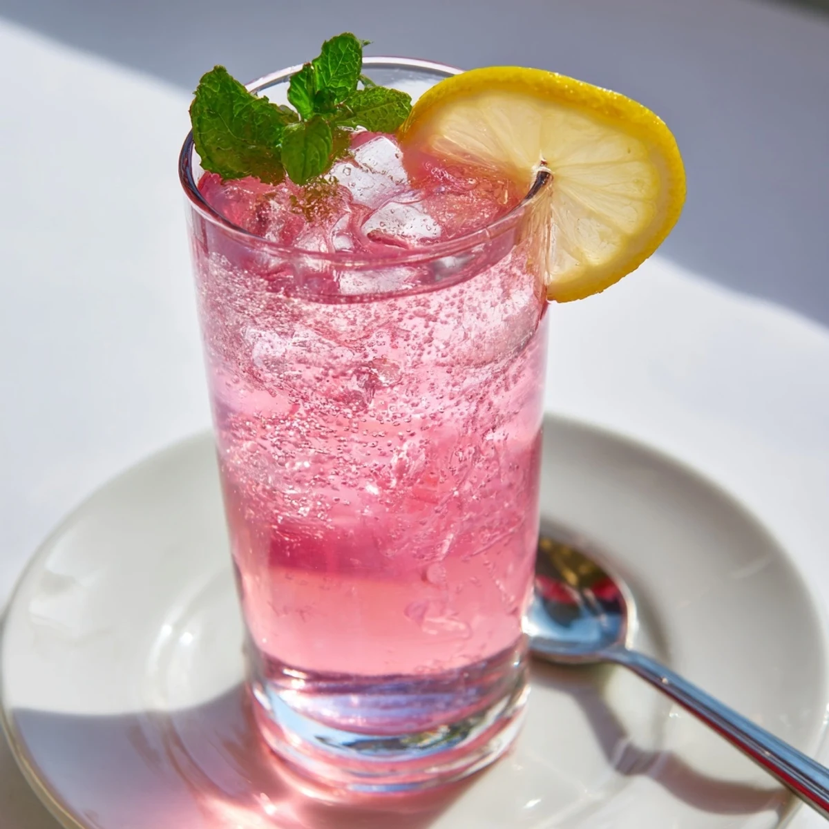 Refreshing Honey Lemon Pink Soda sparkling in a frosted glass topped with citrus wedges