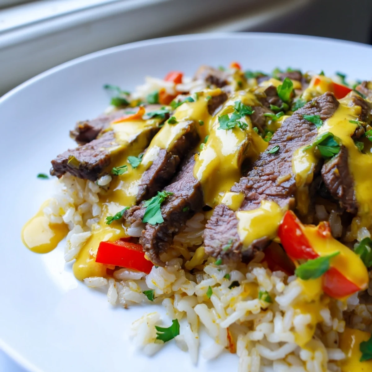 Creamy steak queso rice topped with melted cheese and seasoned vegetables