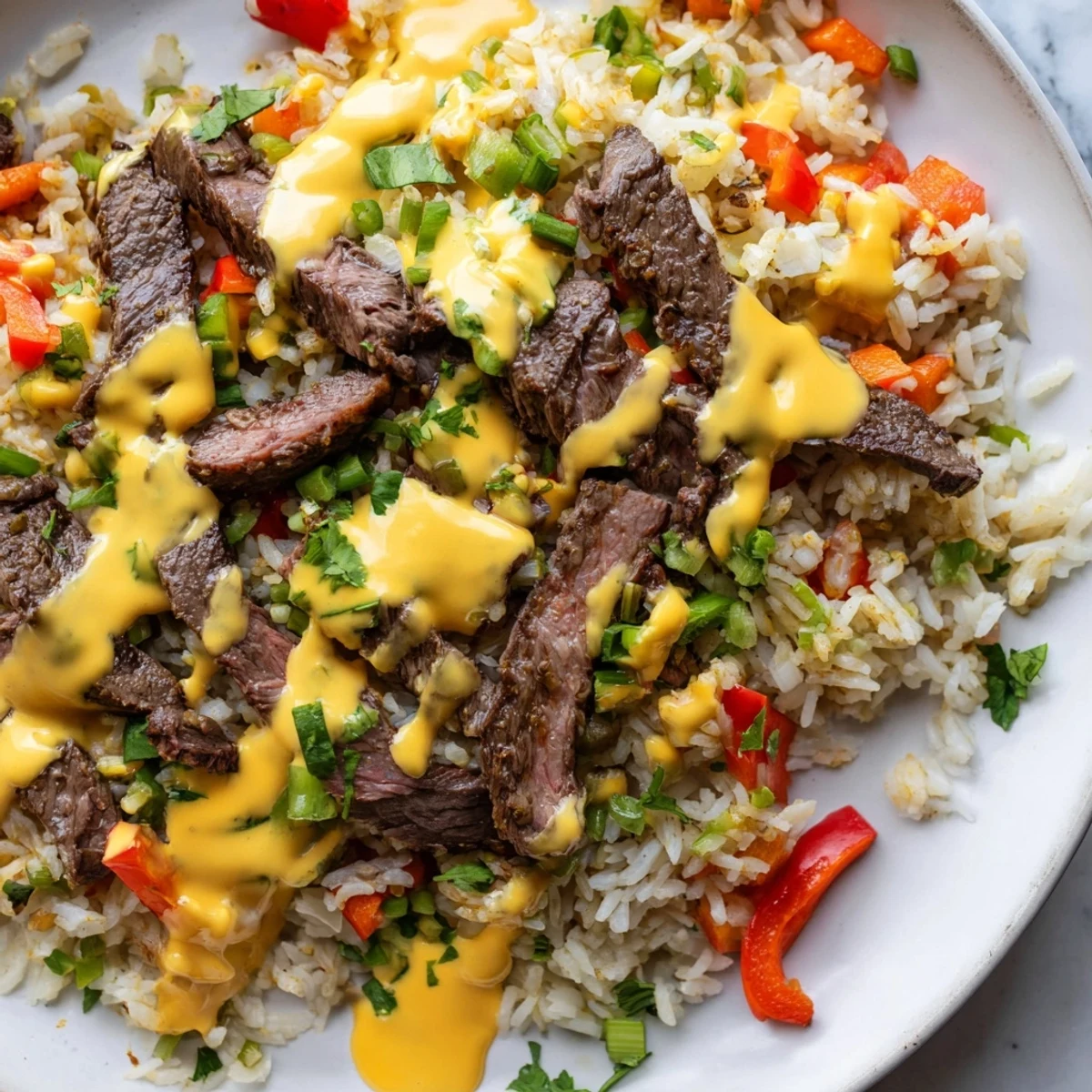 Sizzling sliced steak over fluffy rice drizzled with warm queso sauce