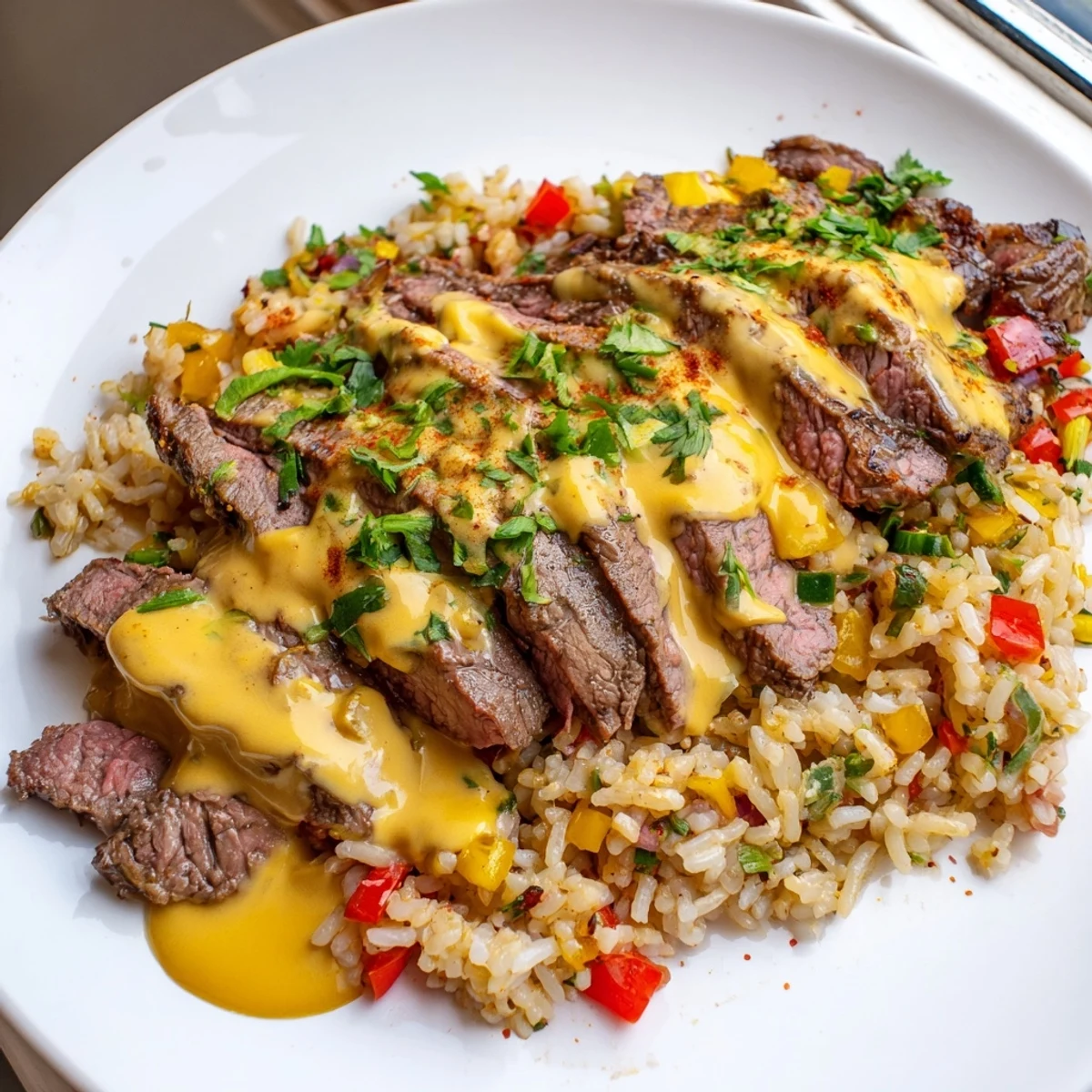 Golden seared steak queso rice garnished with fresh cilantro and bell peppers