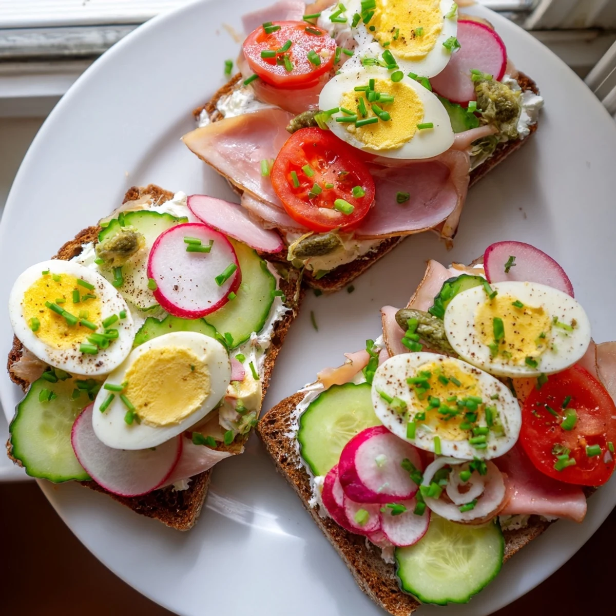 Colorful Open Faced Polish Sandwiches topped with fresh veggies, ham, and chives on rustic rye bread
