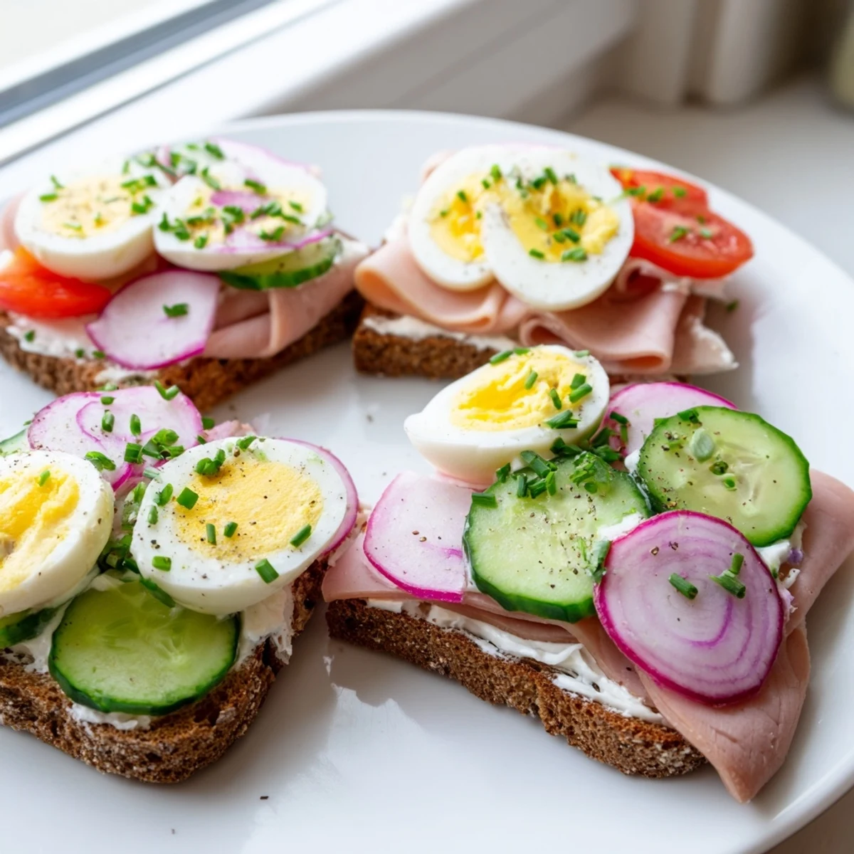Creamy buttered Open Faced Polish Sandwiches garnished with sliced eggs, cucumber, and finely chopped fresh chives