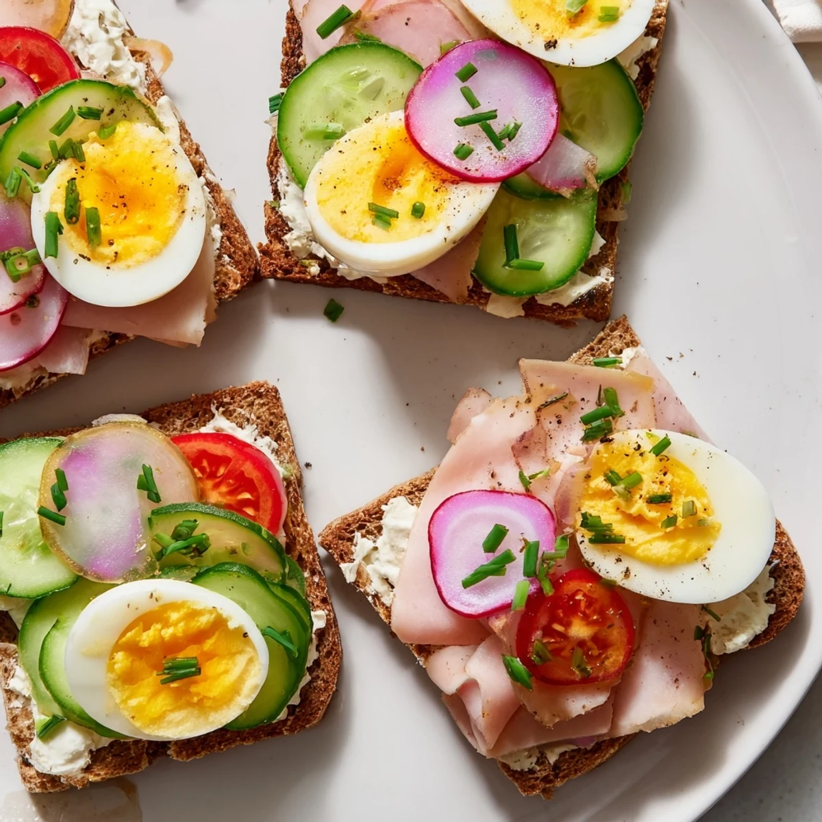 Open Faced Polish Sandwiches arranged on a wooden platter with pickles, radishes, and smoked kielbasa