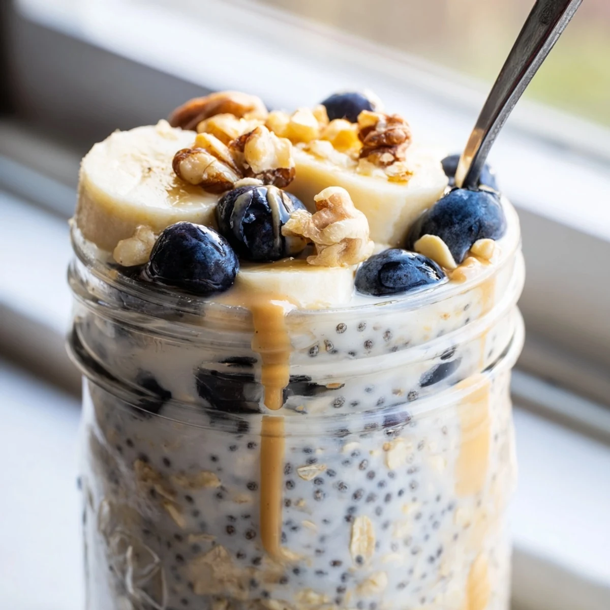 Creamy protein overnight oats topped with fresh berries and a drizzle of nut butter