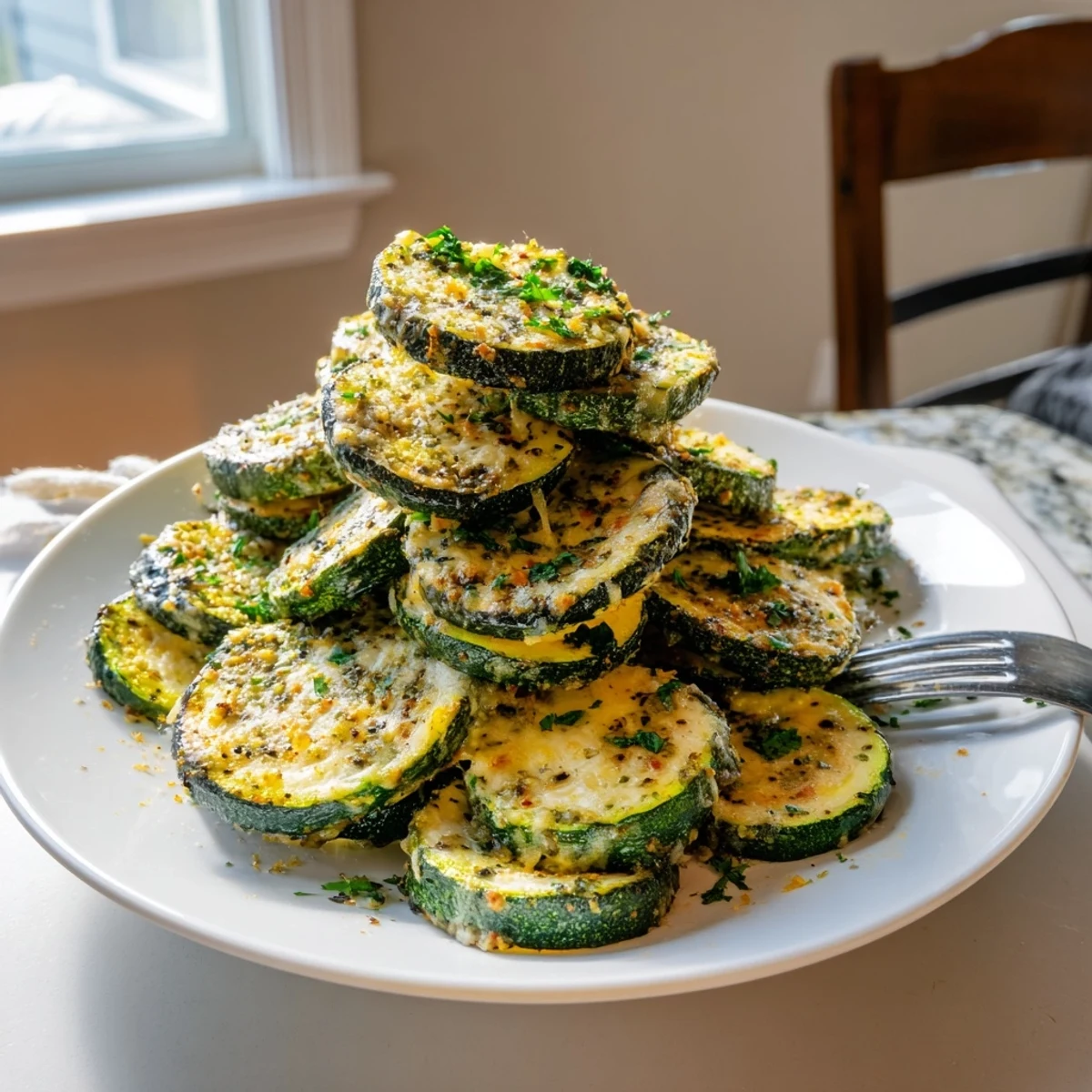 Crispy-edged lemon pepper and Parmesan zucchini arranged on a platter garnished with fresh chopped parsley