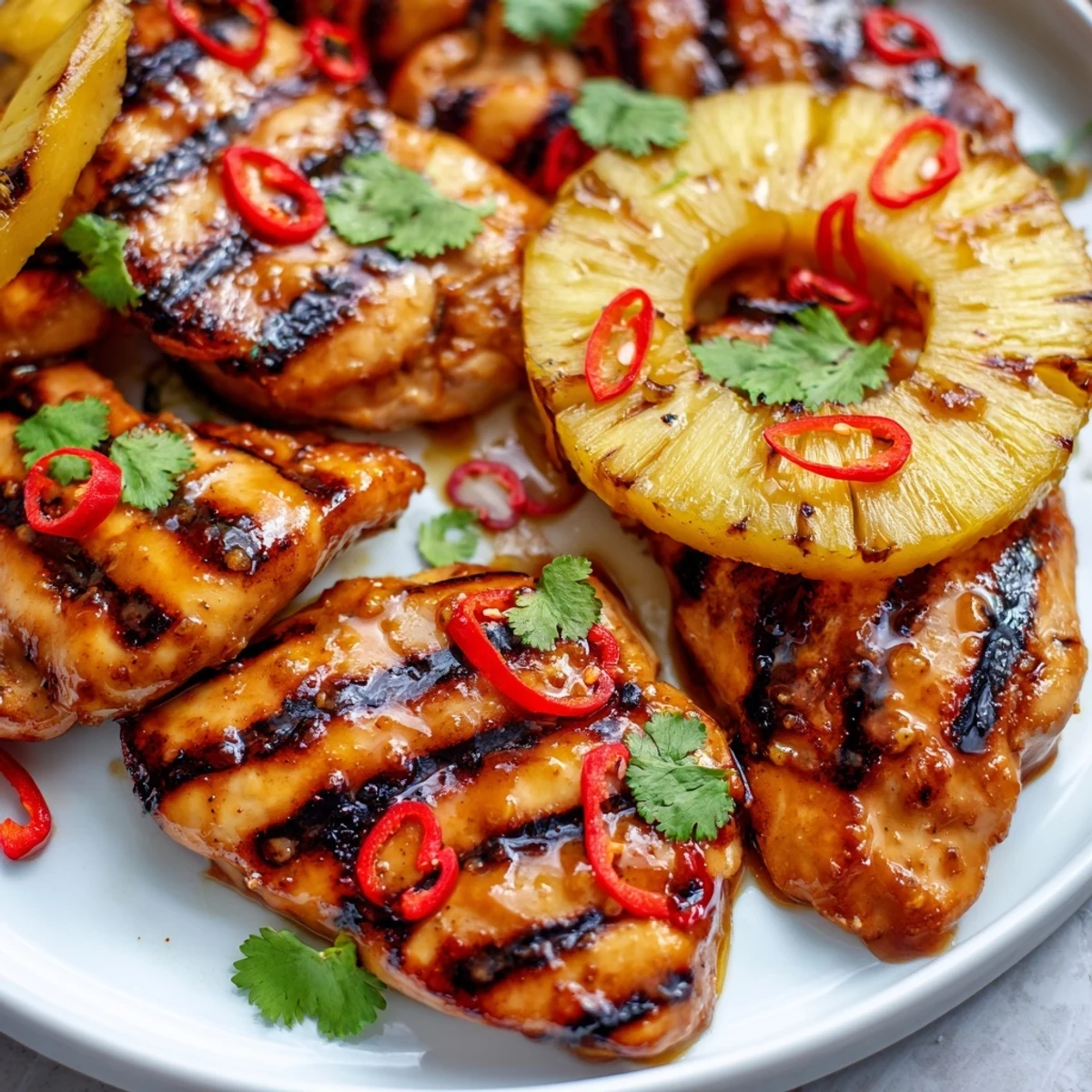 Juicy Chili Pineapple Grilled Chicken with caramelized fruit and charred grill marks on a rustic plate