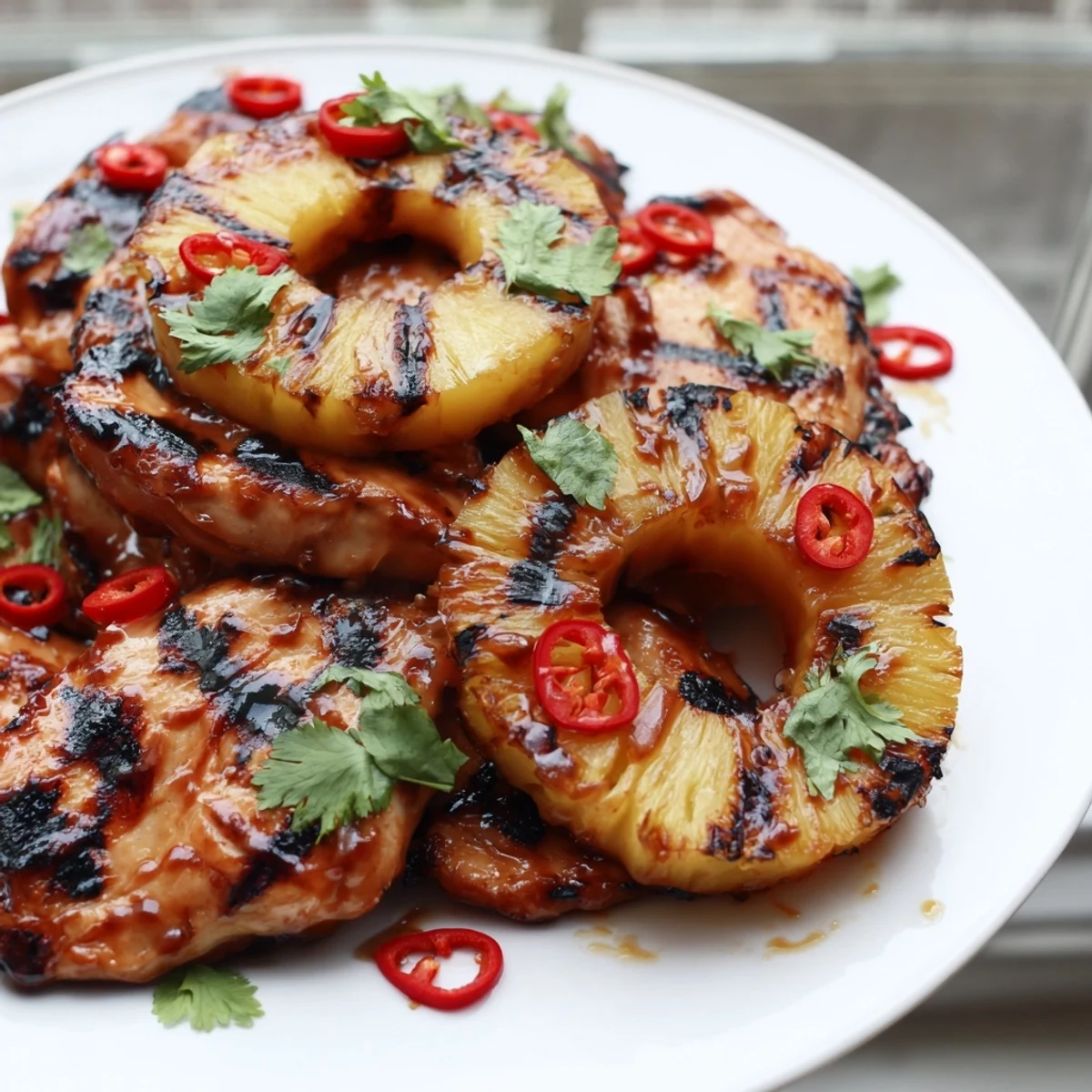 Golden Chili Pineapple Grilled Chicken sliced open revealing tender meat topped with smoky pineapple rings