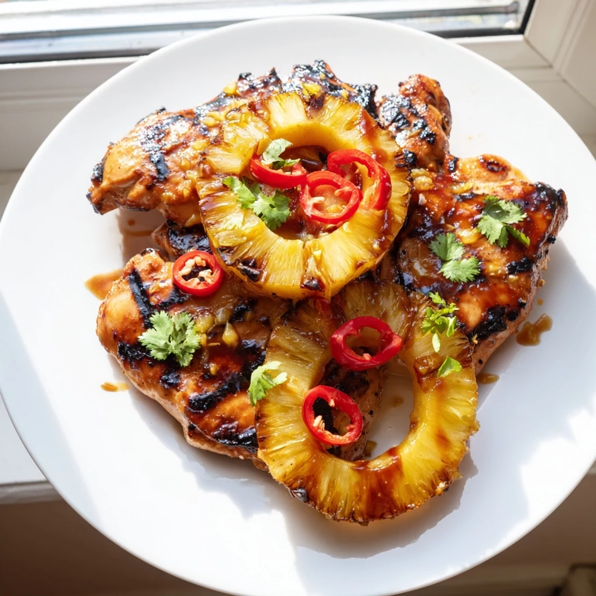 Spicy Chili Pineapple Grilled Chicken garnished with fresh cilantro and sliced red chili peppers