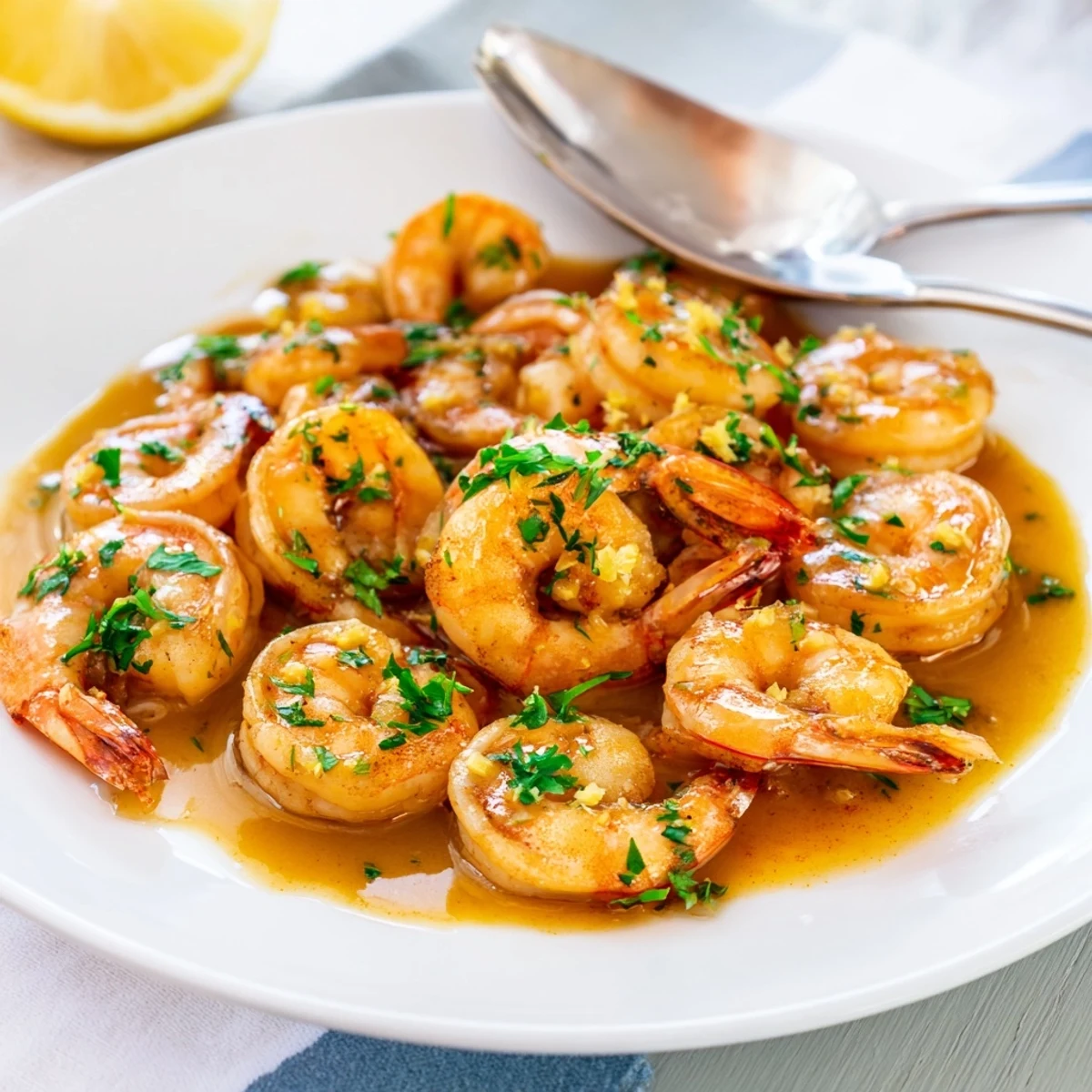 Tender buttered shrimp sizzling in a rich skillet with melted garlic butter