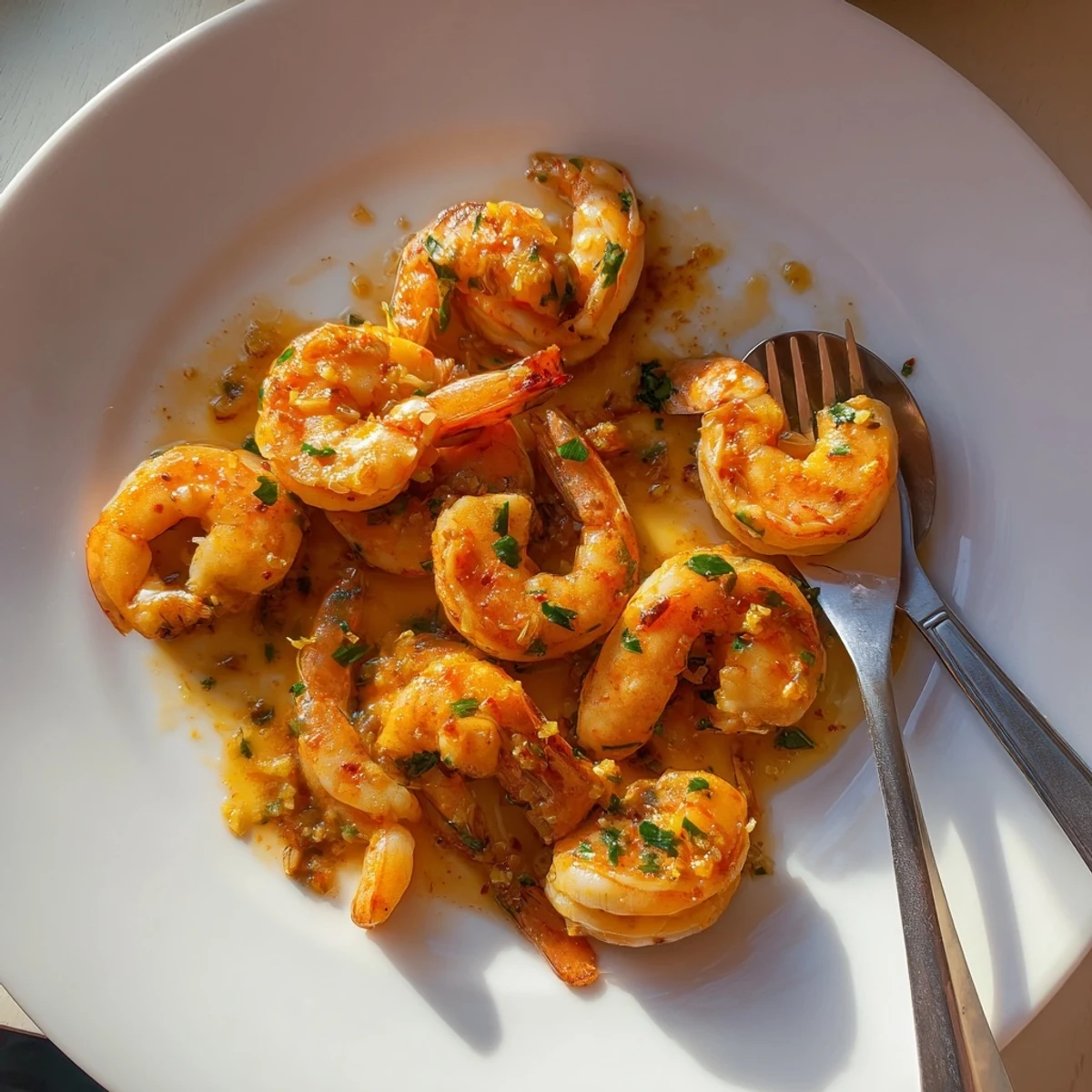 Golden buttered shrimp glistening in a garlicky lemon butter sauce with fresh parsley