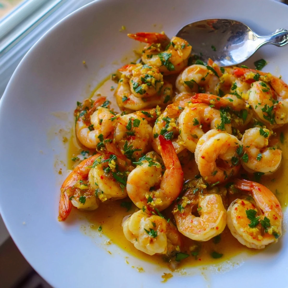 Plump buttered shrimp coated in a glossy, golden sauce served in a cast-iron skillet