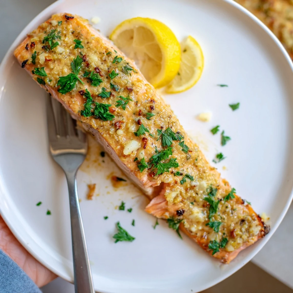 Tender baked honey mustard salmon topped with fresh parsley and served alongside bright lemon wedges