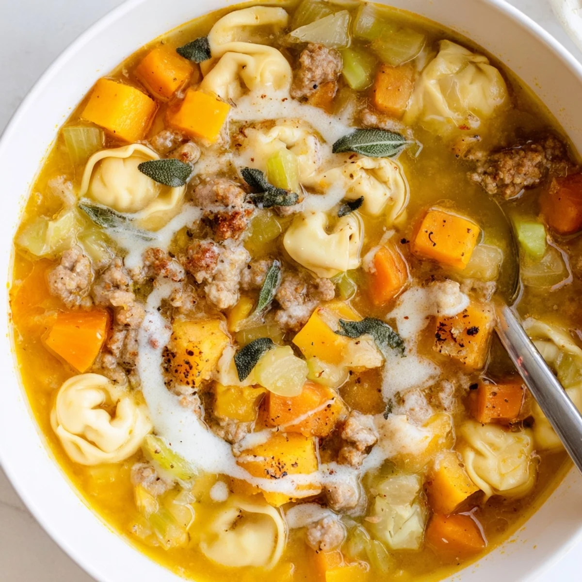 Steaming bowl of butternut squash sausage tortellini soup drizzled with melted sage cheese