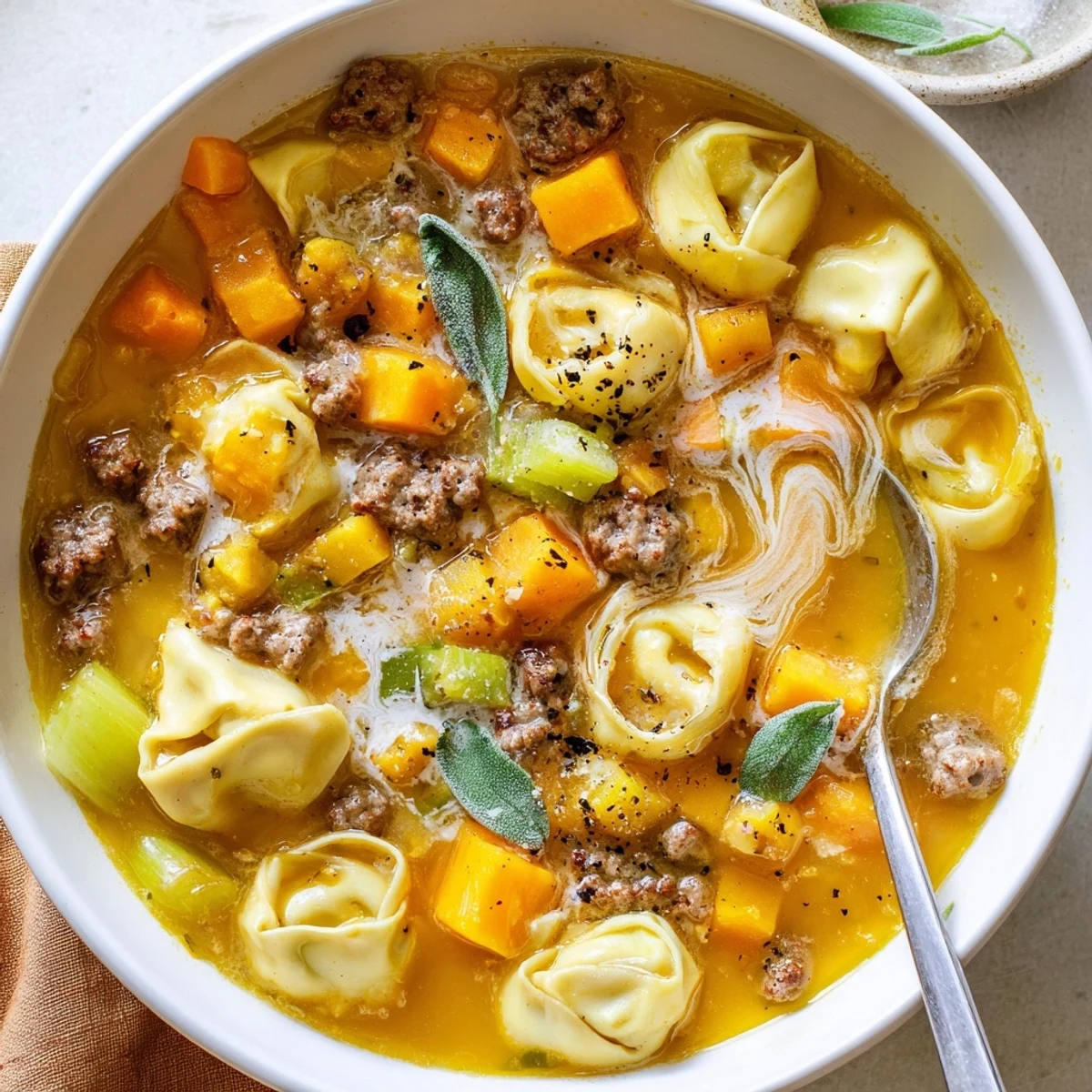 Creamy butternut squash sausage tortellini soup topped with golden fried sage leaves