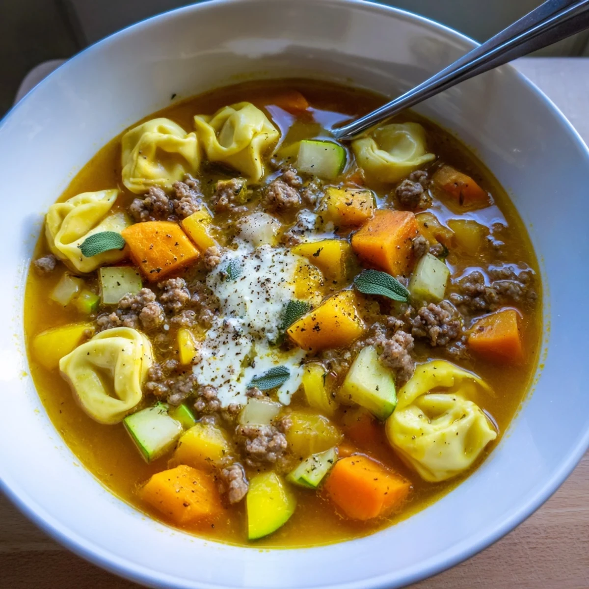 Hearty butternut squash sausage tortellini soup in a rustic ceramic bowl with parmesan swirl
