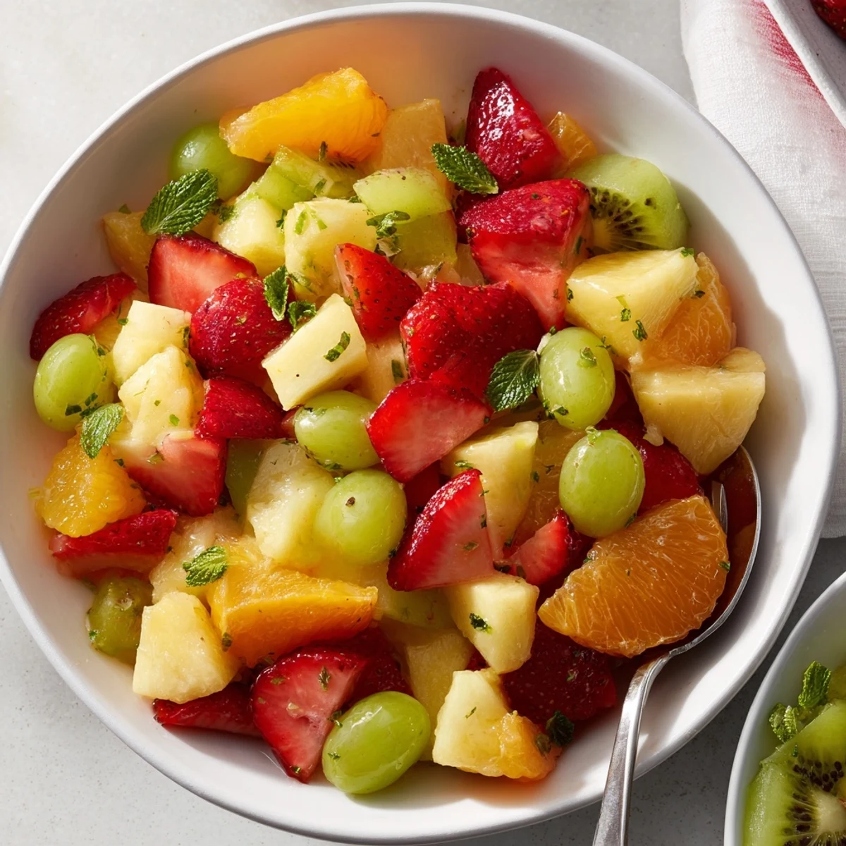 Fresh fruit bowl glistening with lime honey glaze and chopped mint garnish