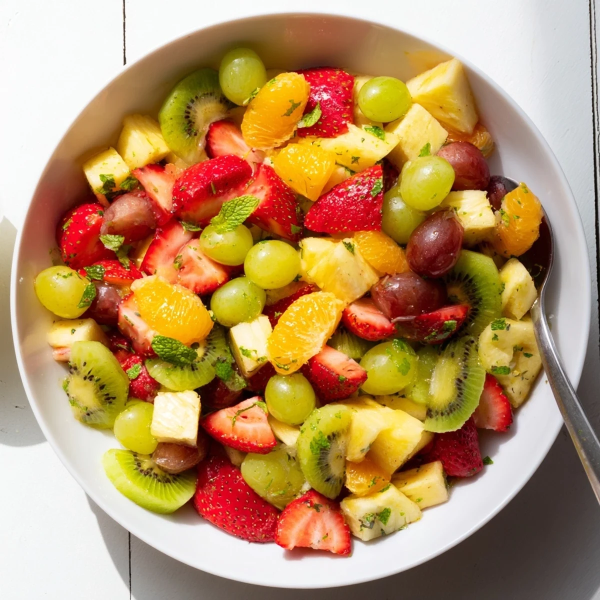 Colorful fruit bowl with strawberries kiwi pineapple and grapes in citrus dressing