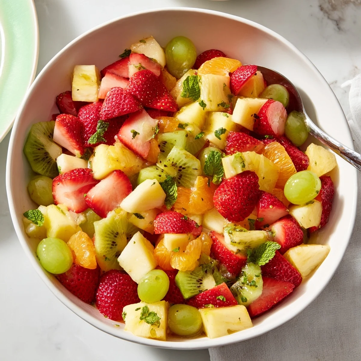 Refreshing fruit bowl featuring diced pineapple orange segments and grapes served chilled
